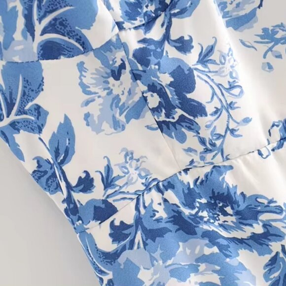 Blue Toile Floral Ruffle Midi Dress by Manu Reformation Nikita Olympia Size 8/M - Picture 11 of 16